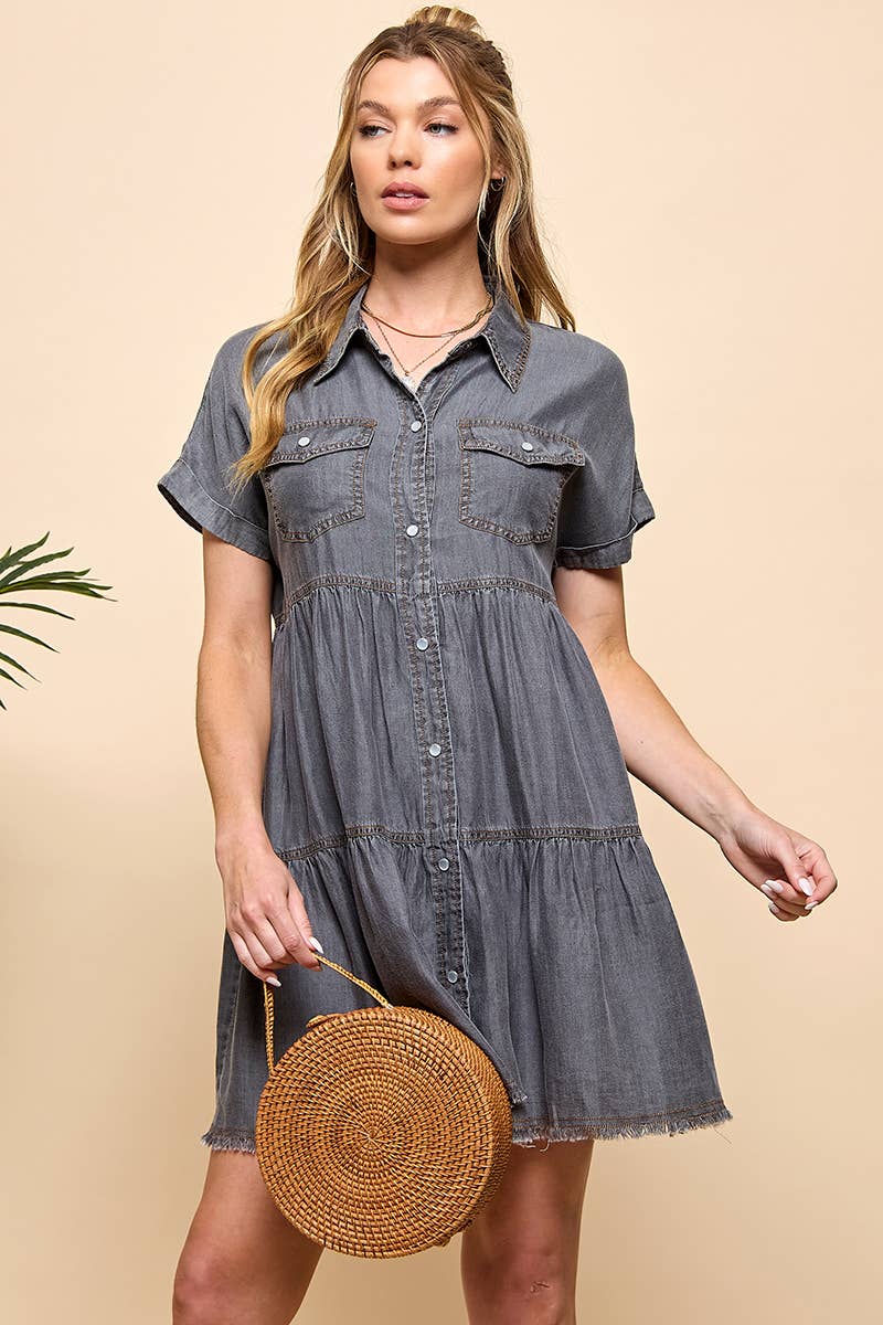 TIERED BUTTON DOWN DENIM DRESS