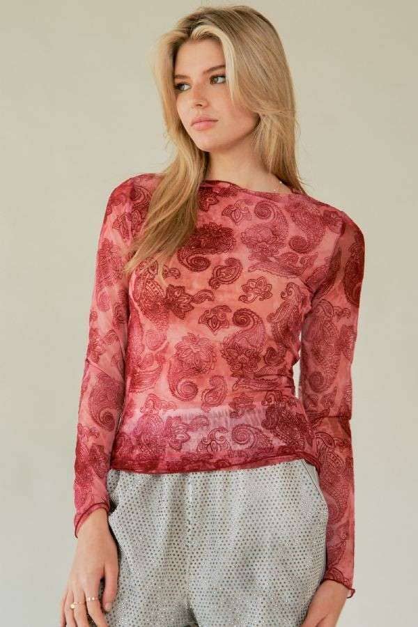 MESH PATERN PRINTED LONG SLEEVE LAYERING TOP