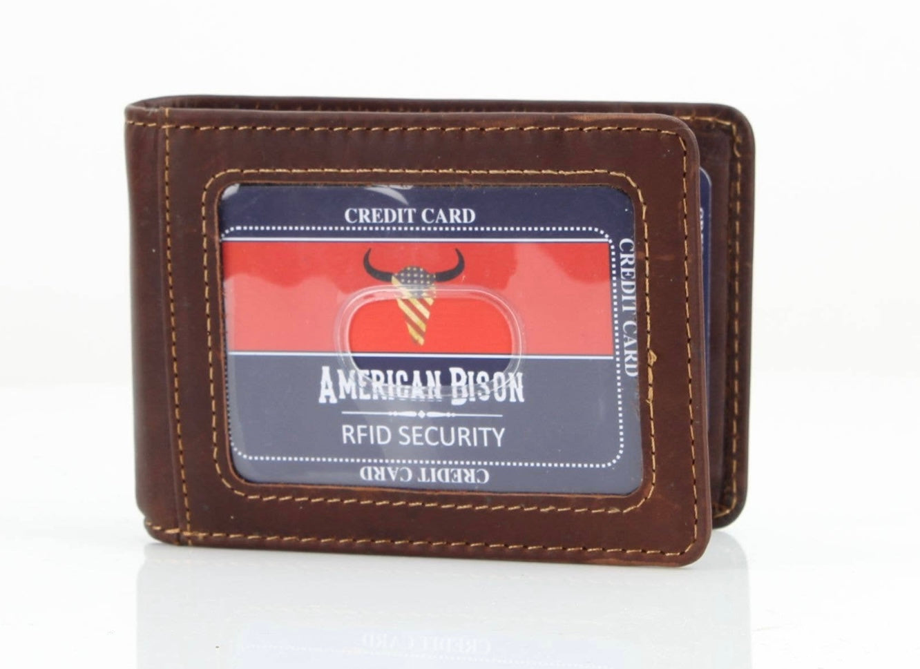 American Bison RFID Leather Bi Fold Center Metal Money Clip Wallet