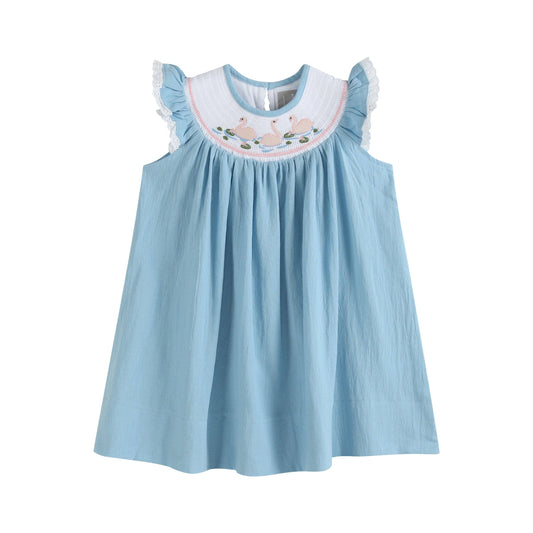 Light Blue Swan Smocked Bishop Dress