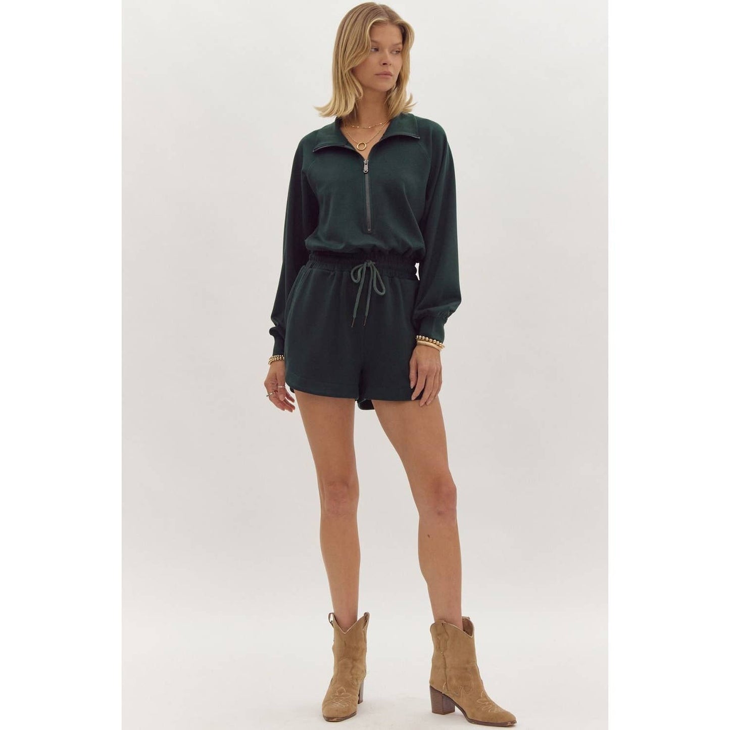 Solid long sleeve half zip collared romper