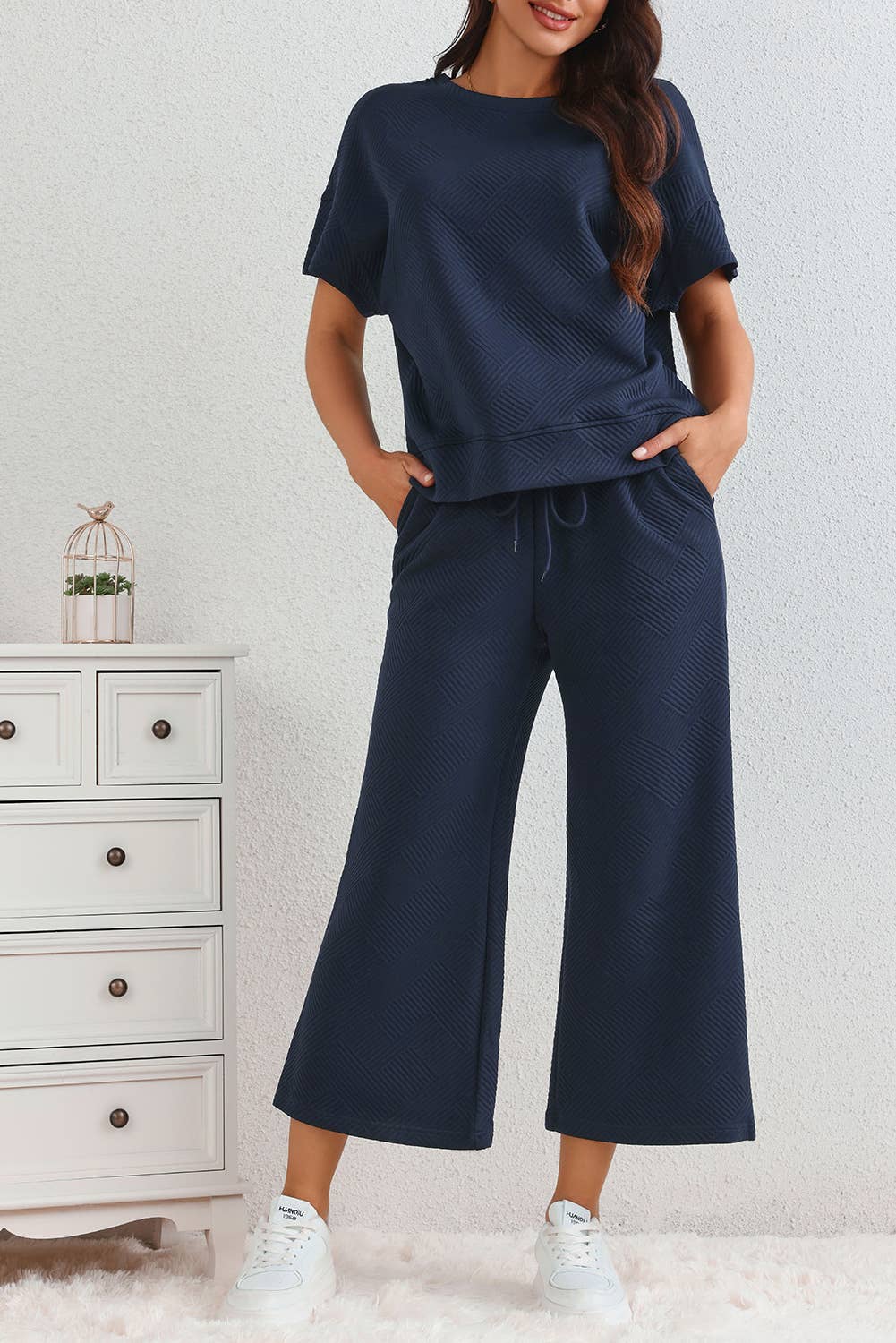 Textured Loose Fit T Shirt and Drawstring Pants Set