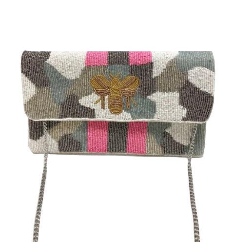 White And Gray Beaded Camo Bee Clutch With Pink