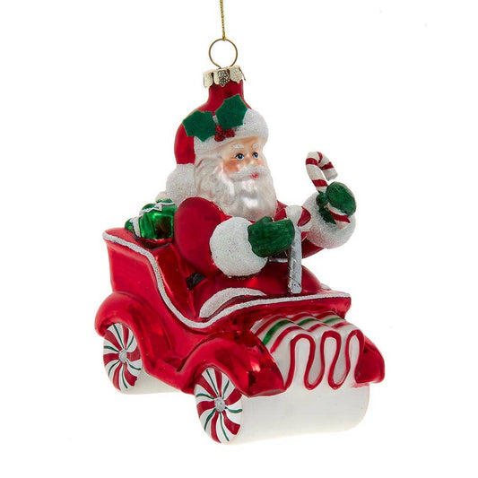 4.5"GLASS SANTA IN CAR W/CANDY ORN