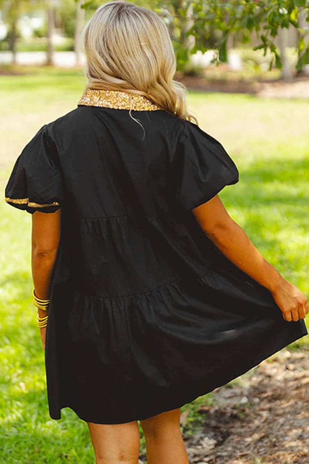 Sequin Trim Bubble Sleeve Game Day Shirt Dress