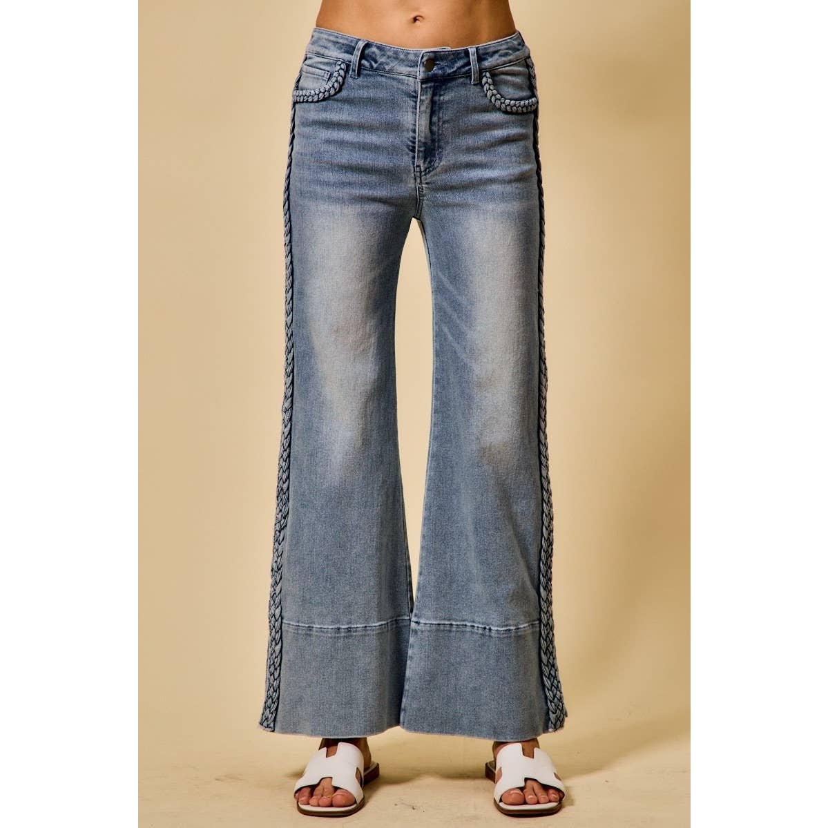 Wide Leg Flare Denim Jeans With Side Braids