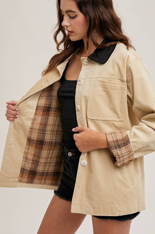 CORDUROY BUTTON DOWN BARN COAT INNER PLAID