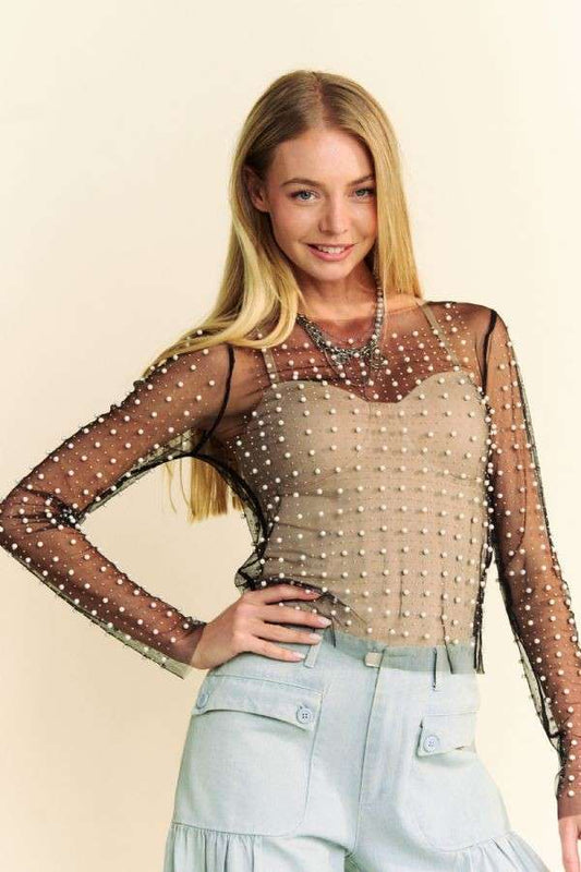 BEAD AND PEARL EMBELLISHED LONG SLEEVES MESH TOP