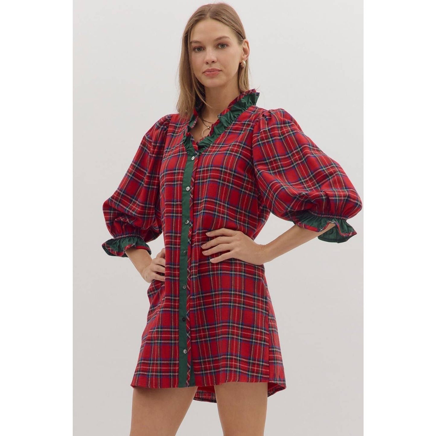 Plaid puff sleeve mini dress