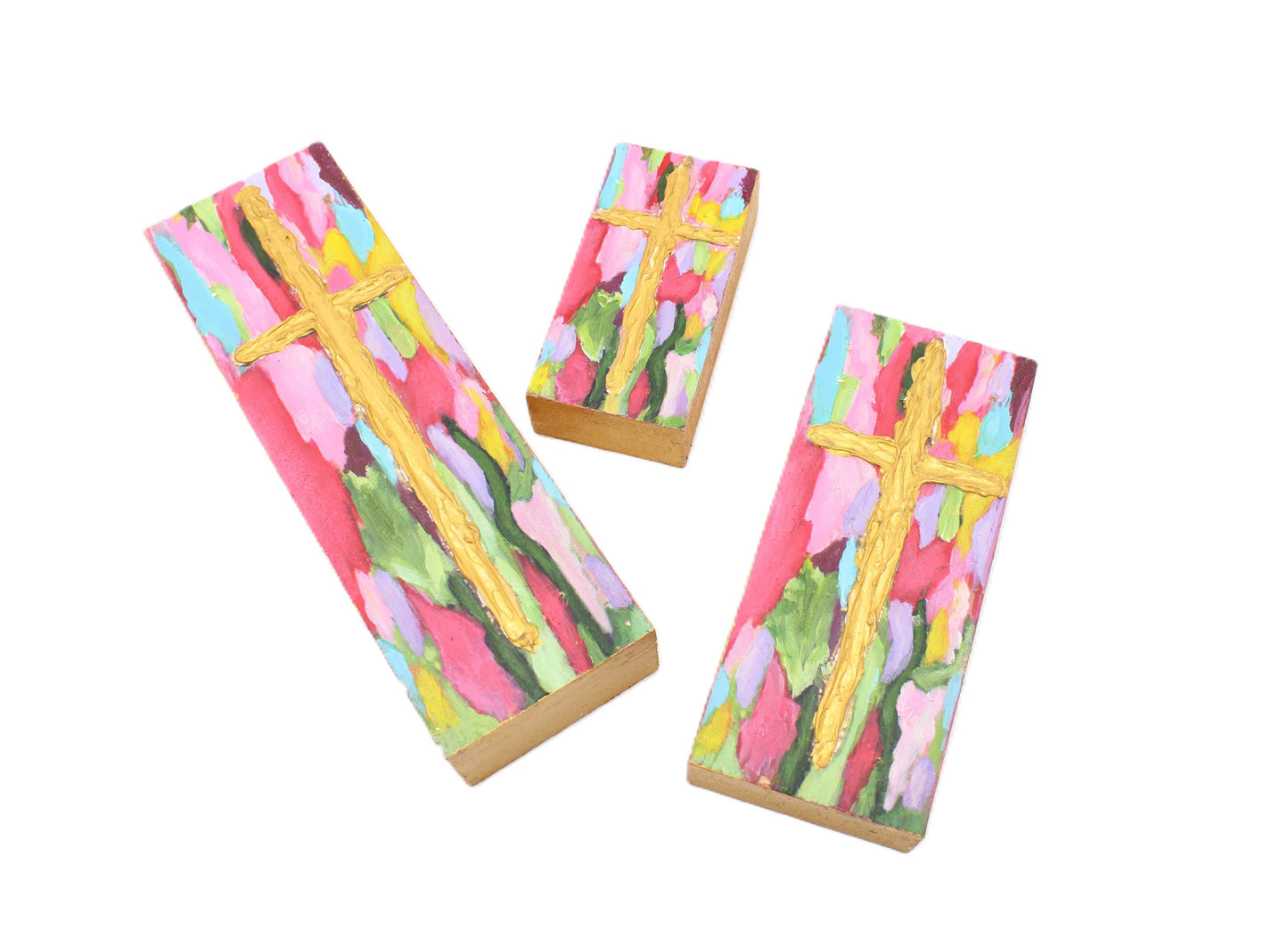 Cross Blocks Bright Handpainted Set of 3