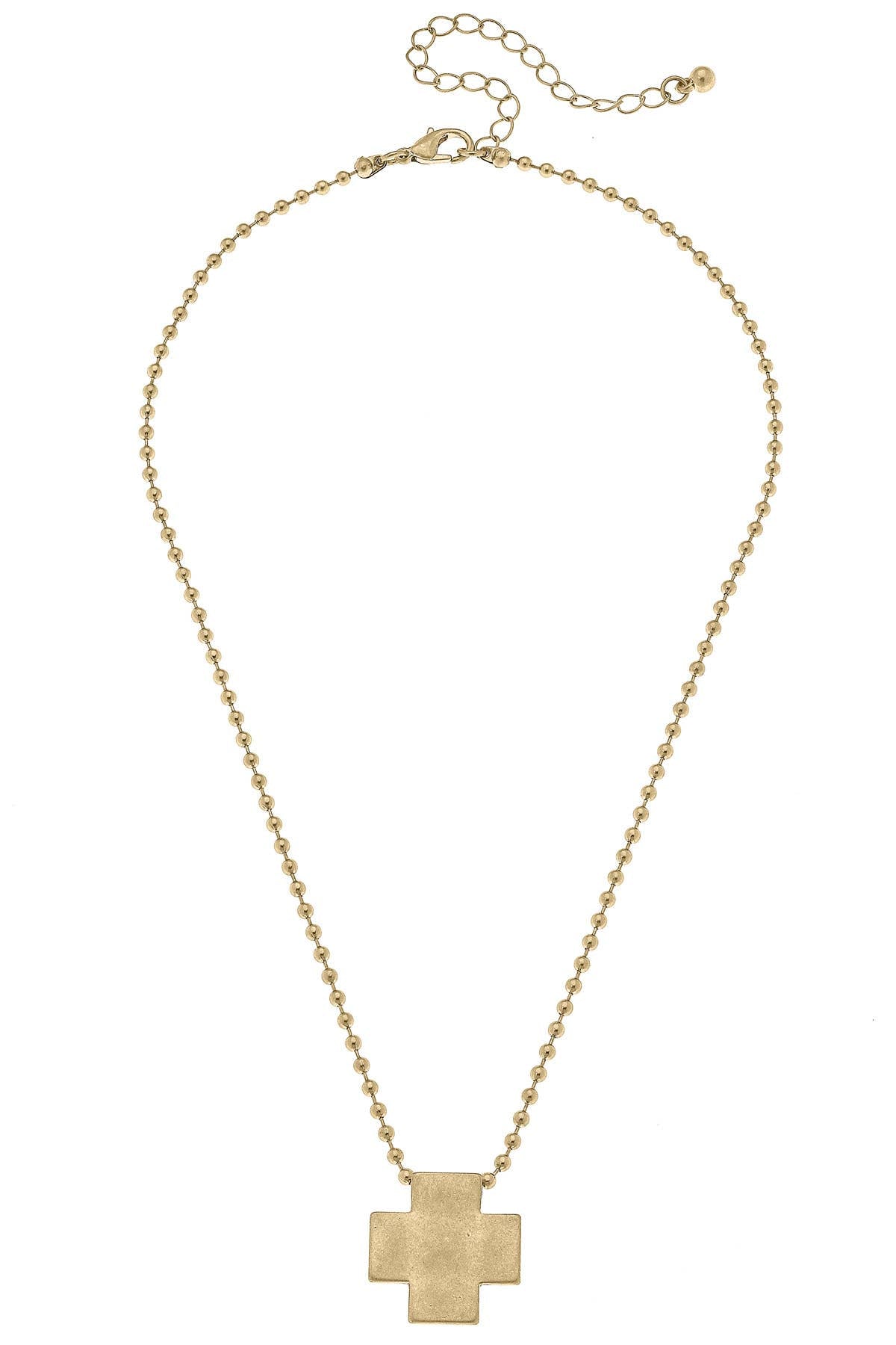 Edith Square Cross Ball Bead Necklace in Worn Gold