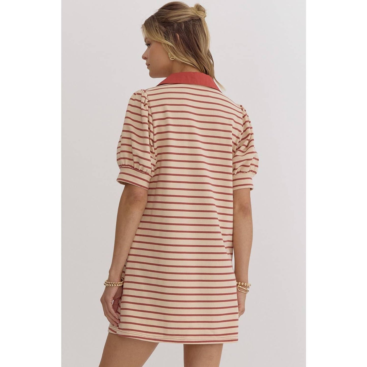 Stripe print v-neck puff sleeve collared dress