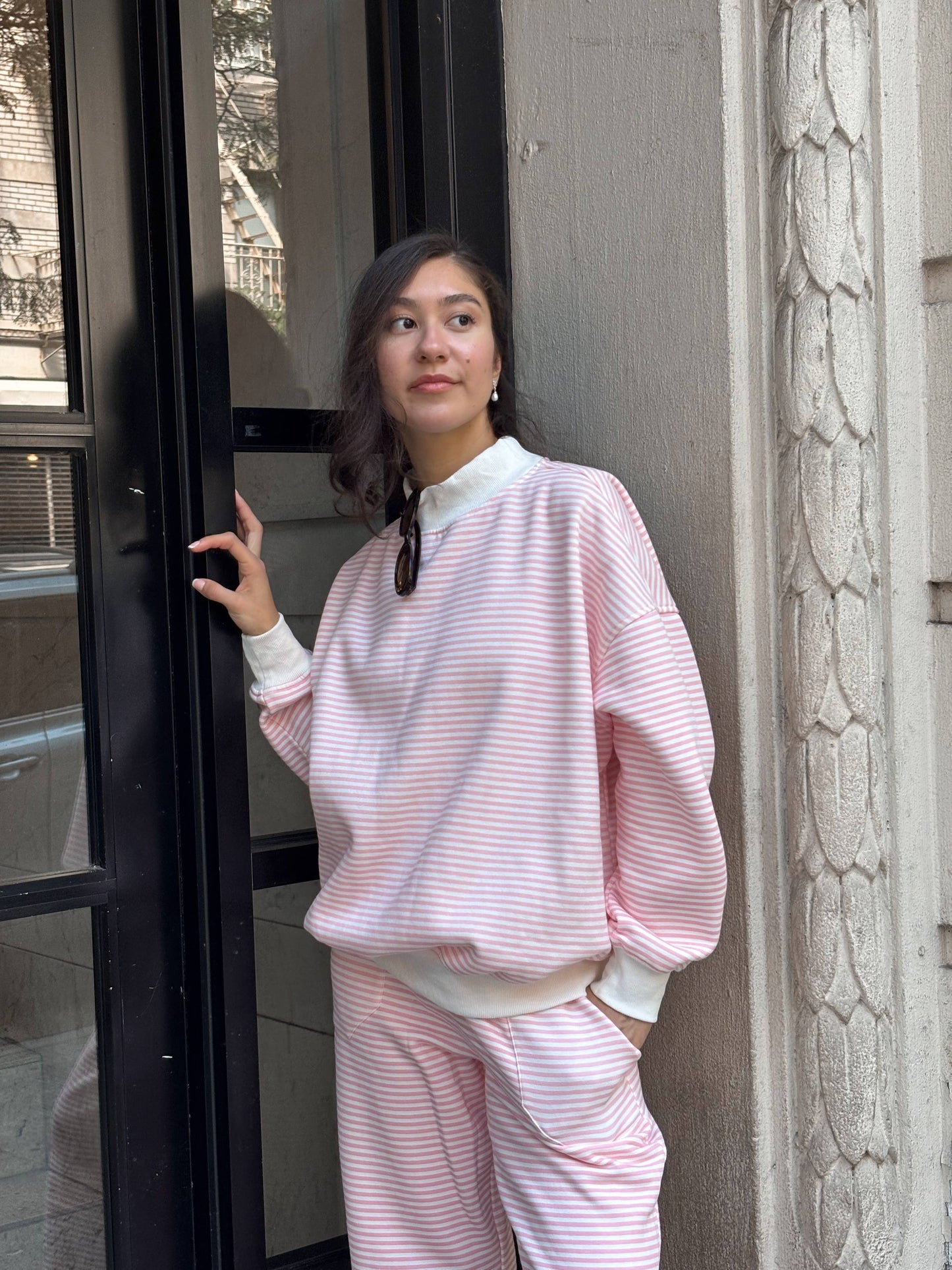 Light Pink and White Striped Mockneck Sweatshirt