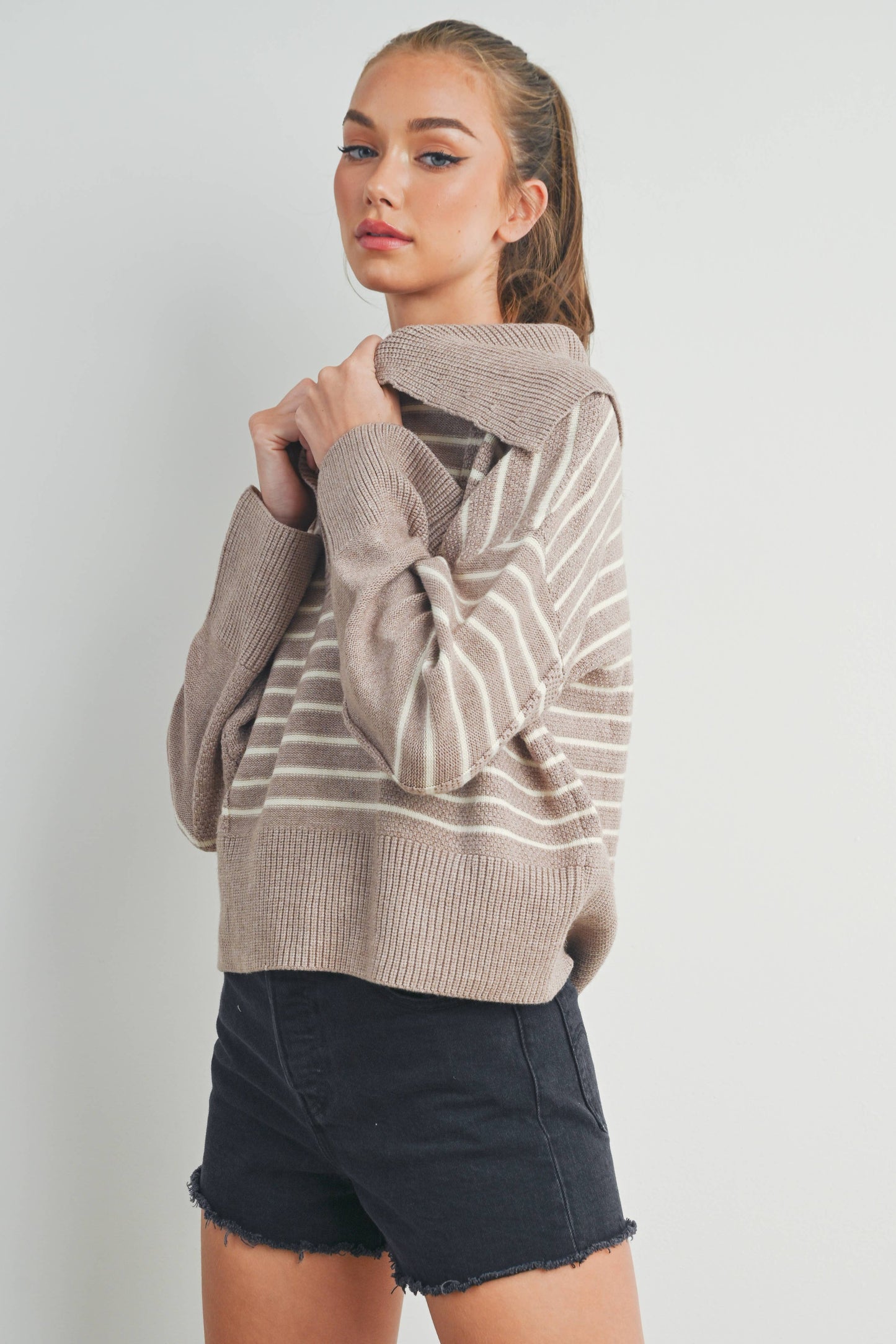 TEXTURED STRIPED V-NECK BIG COLLAR LS SWEATER - BMW7247