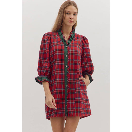 Plaid puff sleeve mini dress