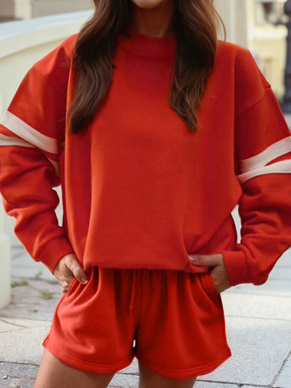 Varsity Stripe Detail Drop Shoulder Pullover & Shorts Set