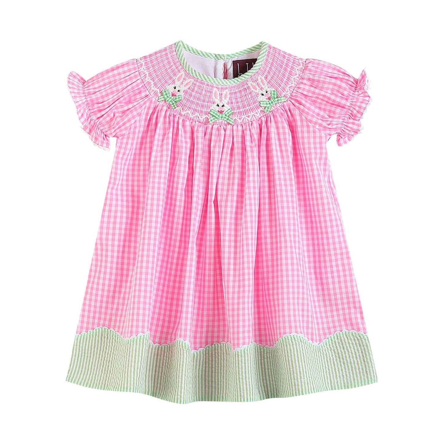 Pink Gingham Bunnies Smocked Bishop Dress