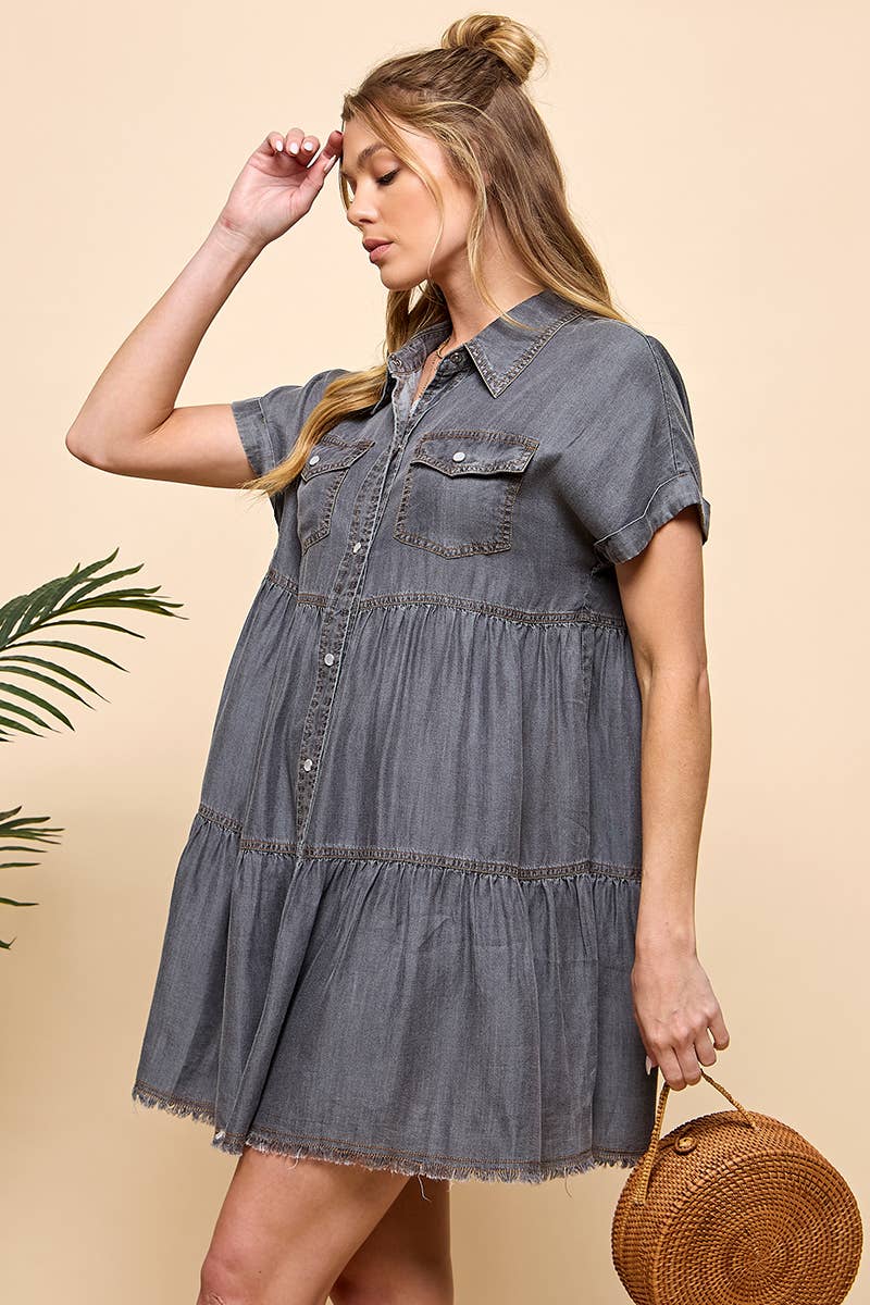 TIERED BUTTON DOWN DENIM DRESS