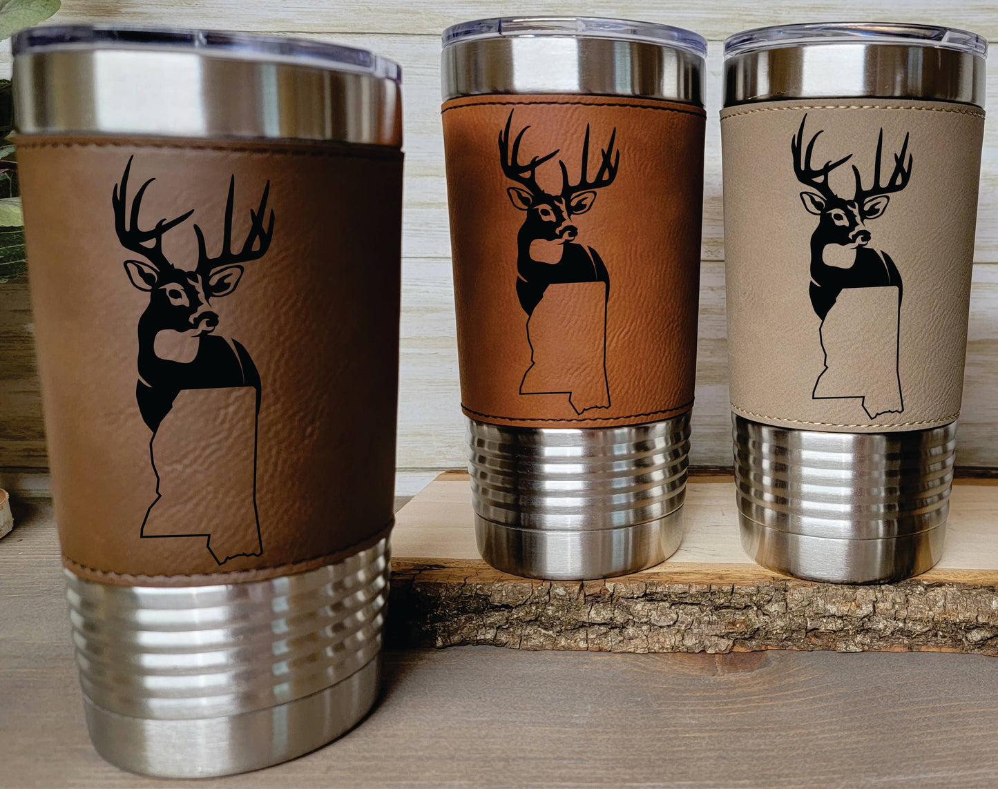 Whitetail State Engraved Leather Insulated Tumbler. MISSISSIPPI