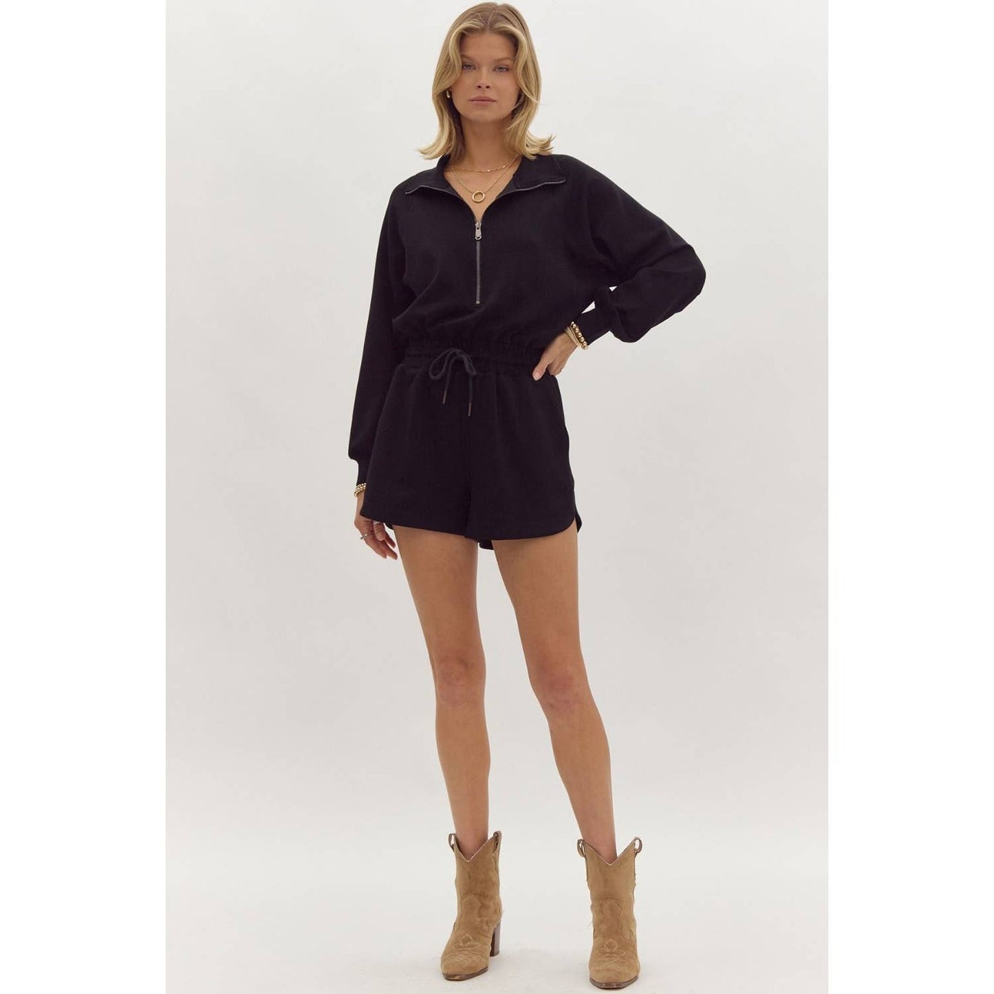 Solid long sleeve half zip collared romper