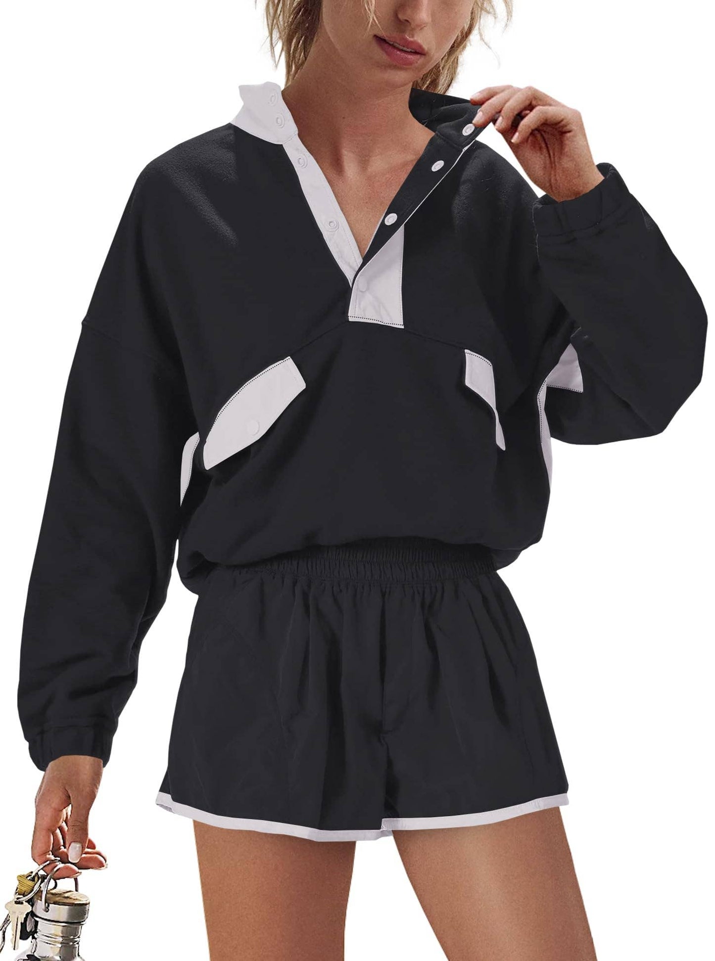 Color Blocks half button sweatshirt & shorts sporty set