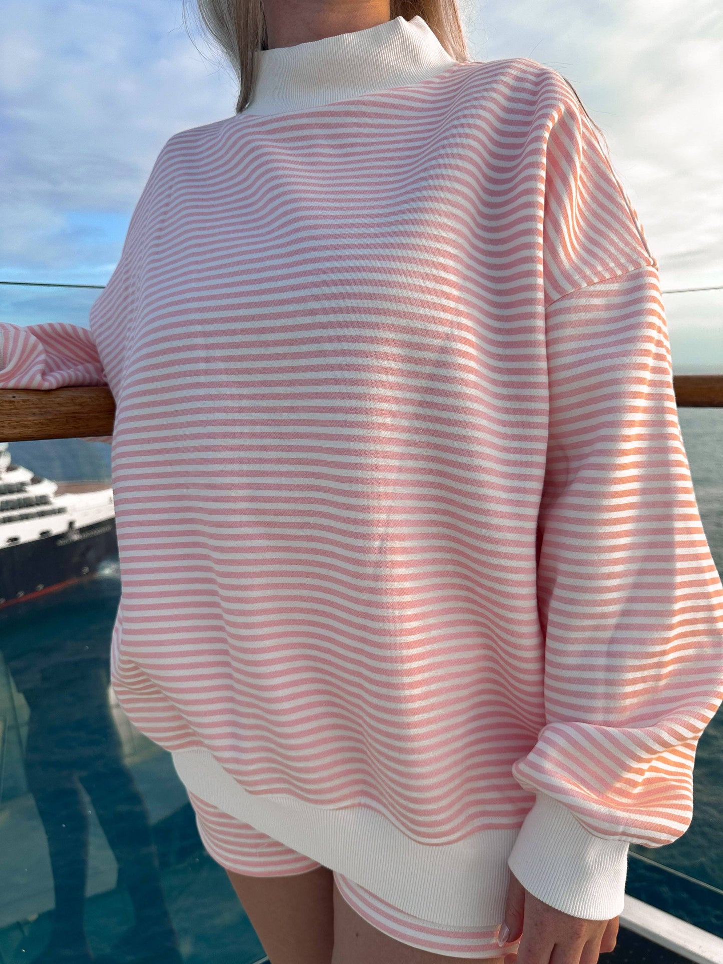 Light Pink and White Striped Mockneck Sweatshirt