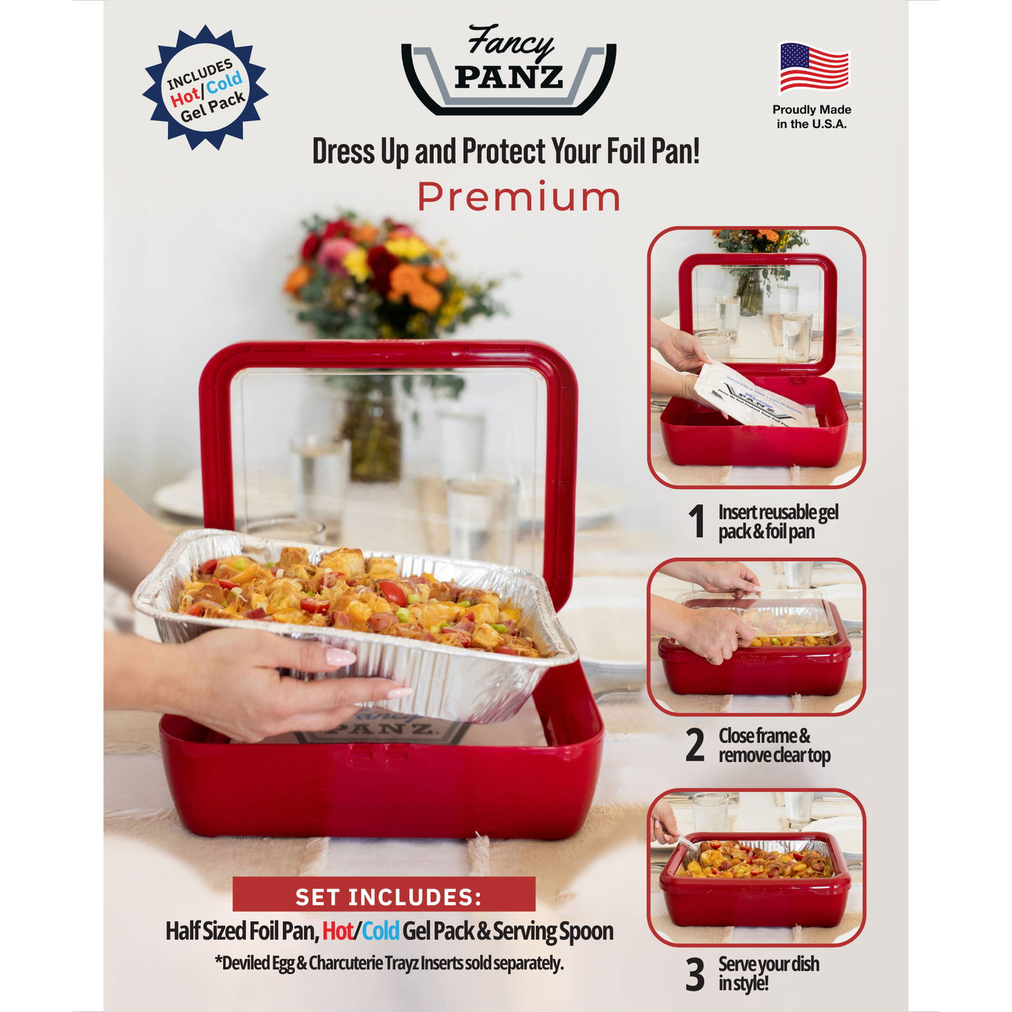 Premium Set - 9x11 Pan Frame w/ Lid & Hot or Cold Gel Pack - Red