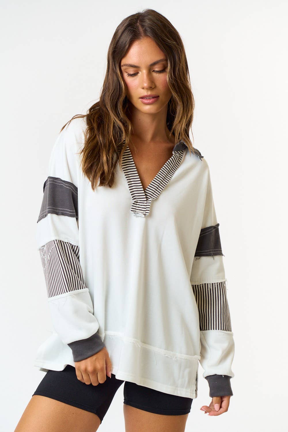 FRENCH TERRY COLLARED STRIPED SWEATSHIRT