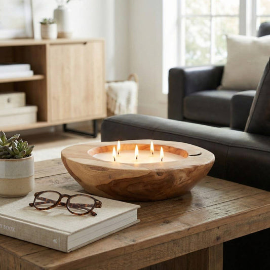 Scented Candle -Vanilla Soy Wax in Brown Teakwood Bowl, 35Oz