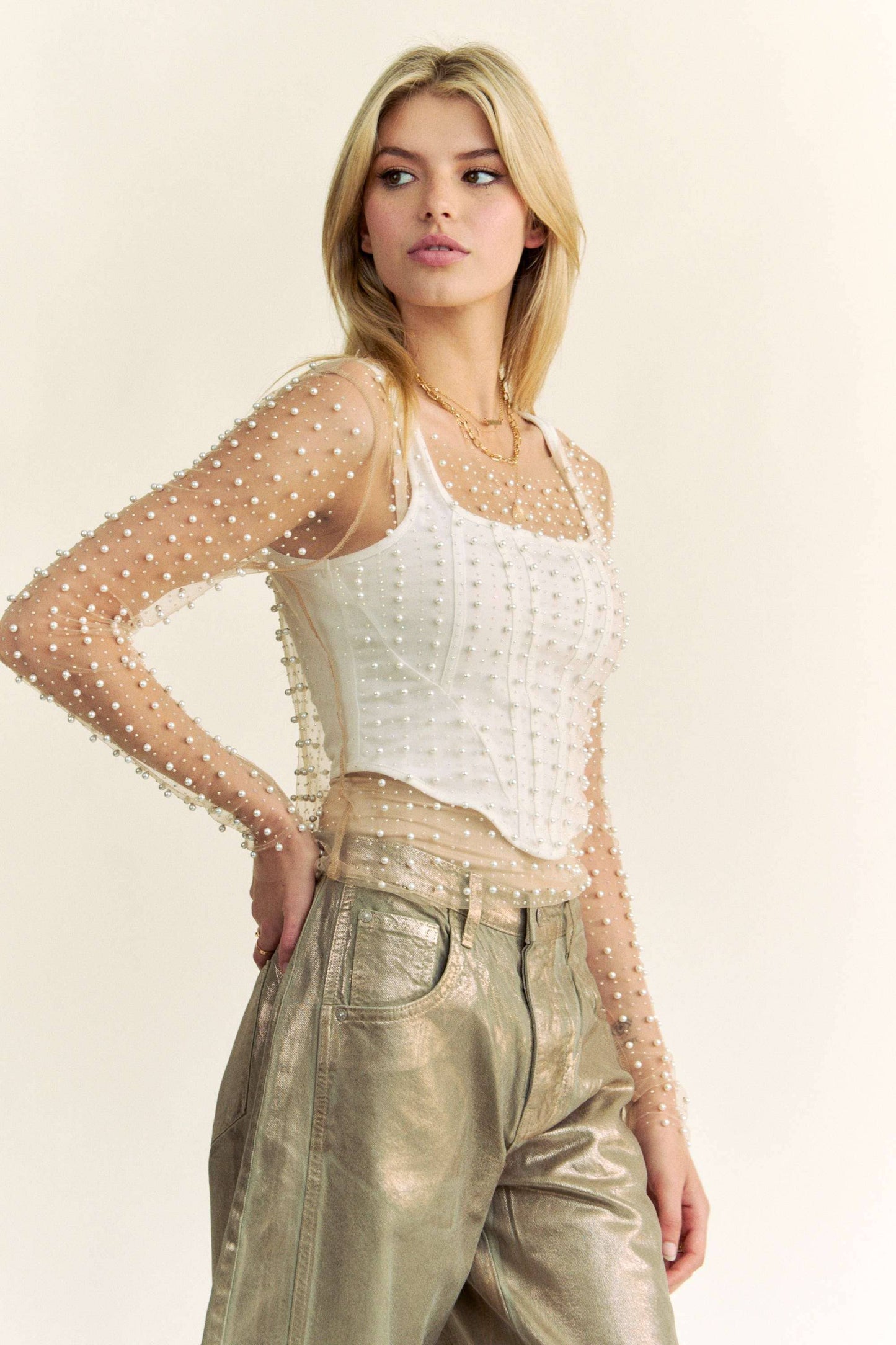 BEAD AND PEARL EMBELLISHED LONG SLEEVES MESH TOP