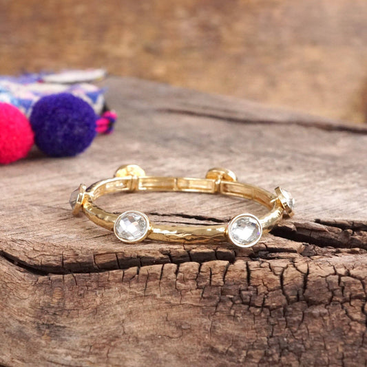 Jeweled Golden Bangle - with Faceted glass oval colorful jewels