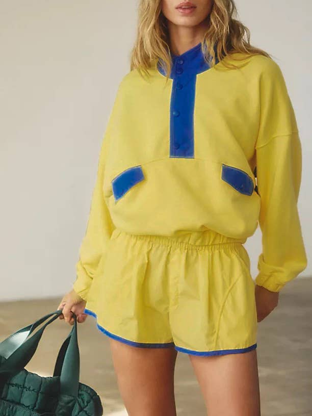 Color Blocks half button sweatshirt & shorts sporty set