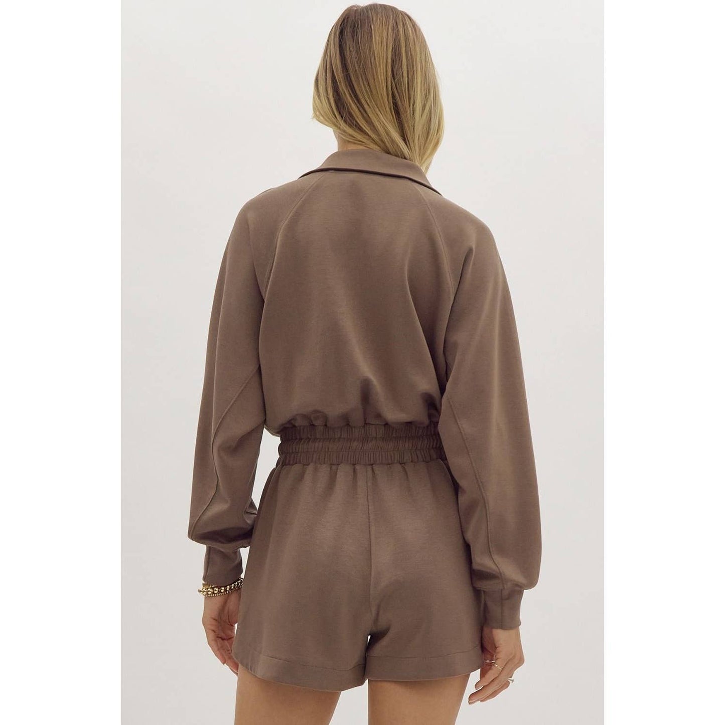 Solid long sleeve half zip collared romper