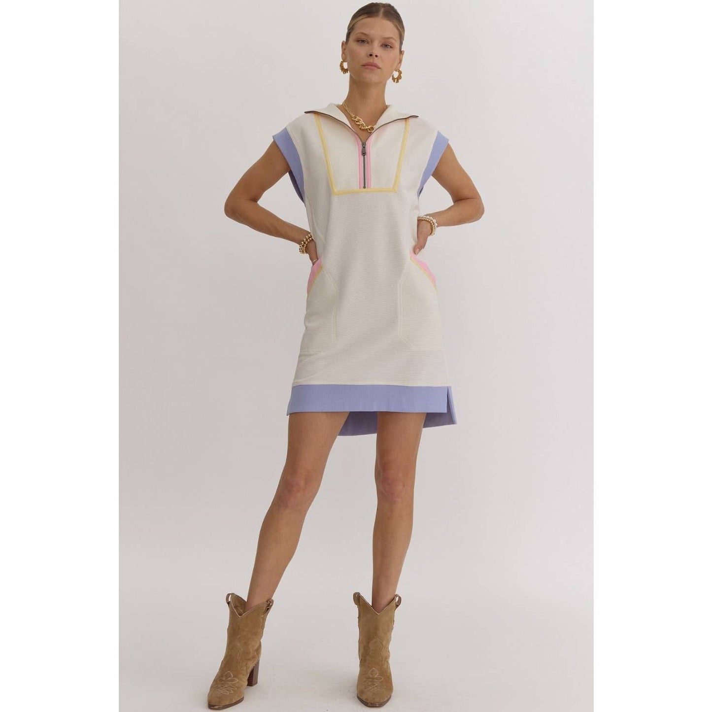 Textured solid zip up cap sleeve mini dress