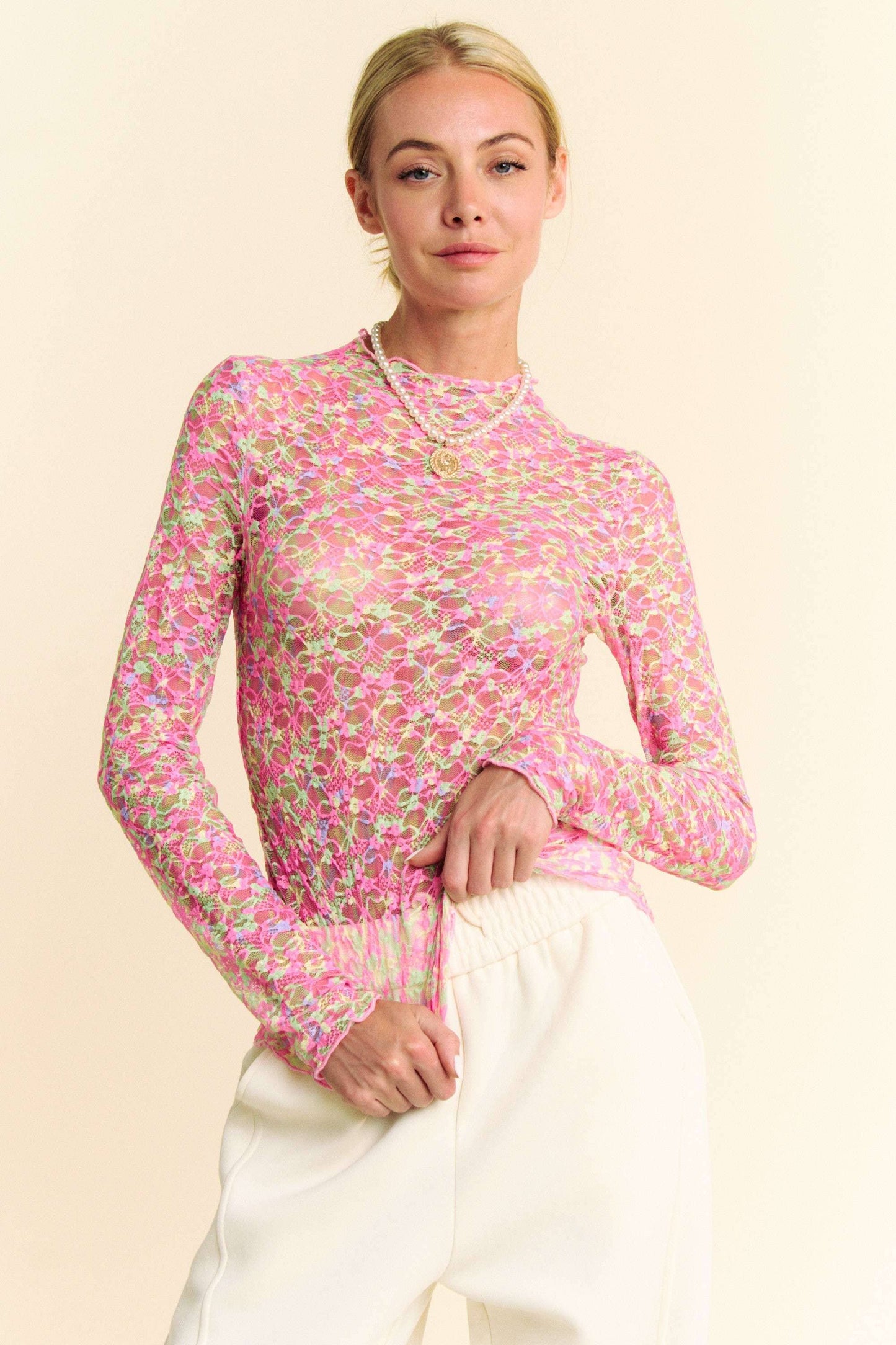 MULTI PRINTED LOOSE TURTLE NECK LACE MESH TOP