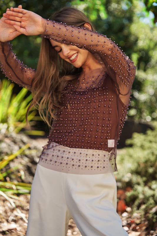 BEAD AND PEARL EMBELLISHED LONG SLEEVES MESH TOP