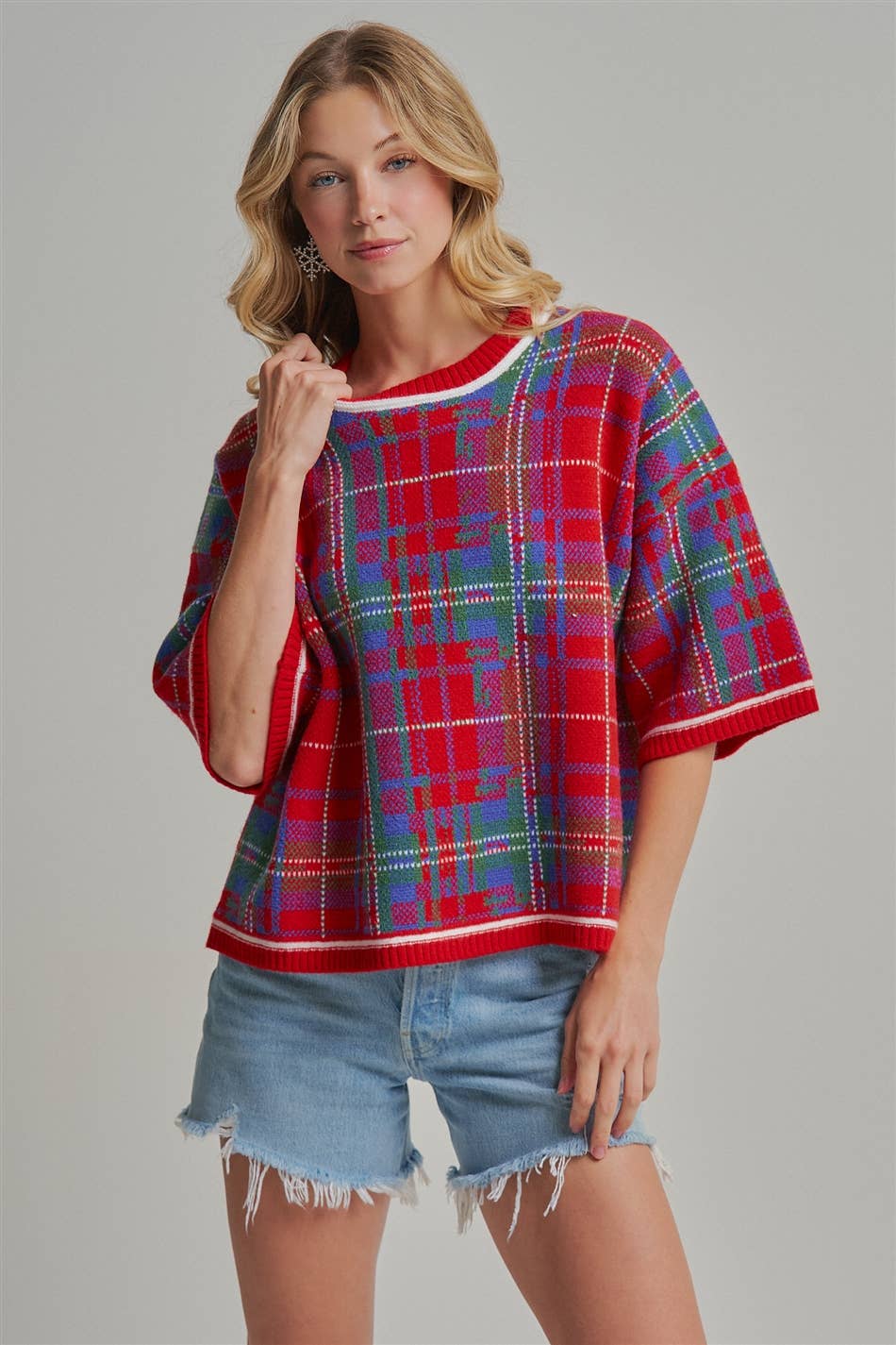 HOLIDAY CHRISTMAS PLAID DROP SHOULDER SWEATER_JLT00303-02
