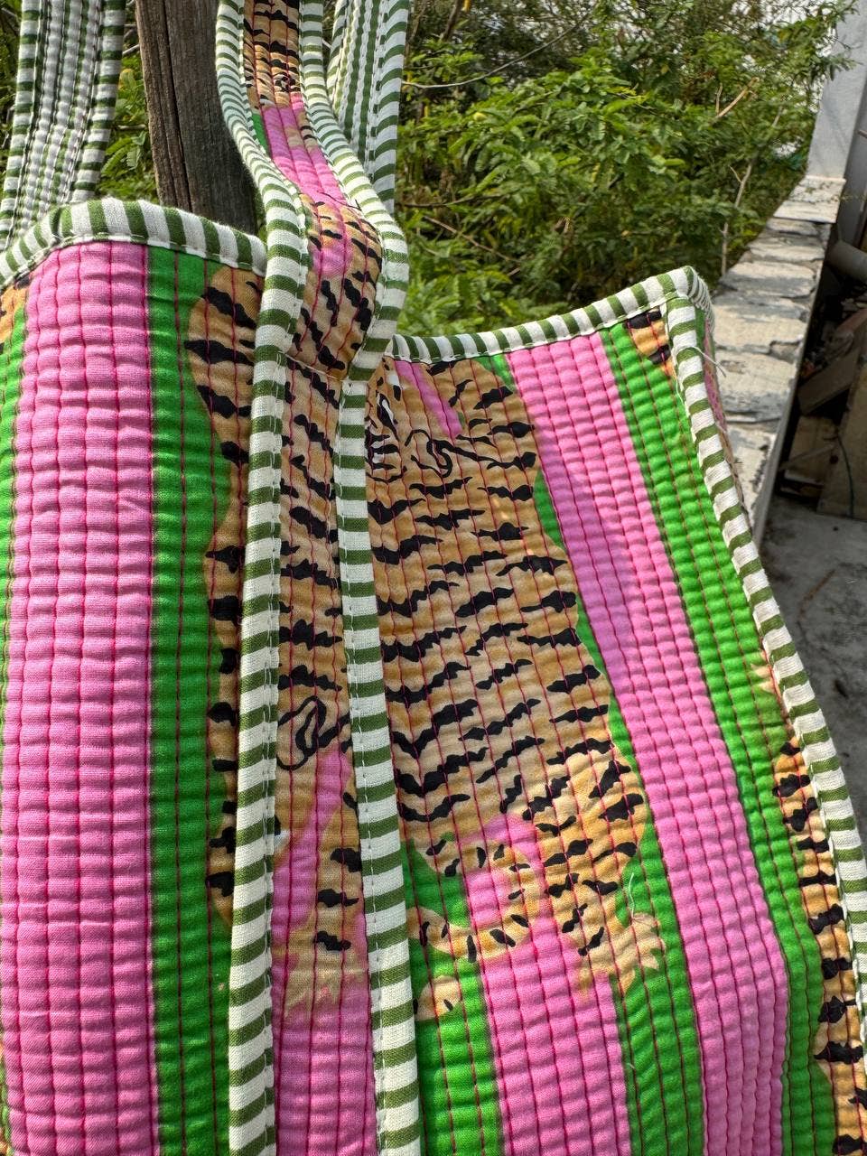 Tiger Printed Cotton Pink Strip Quilted Bag