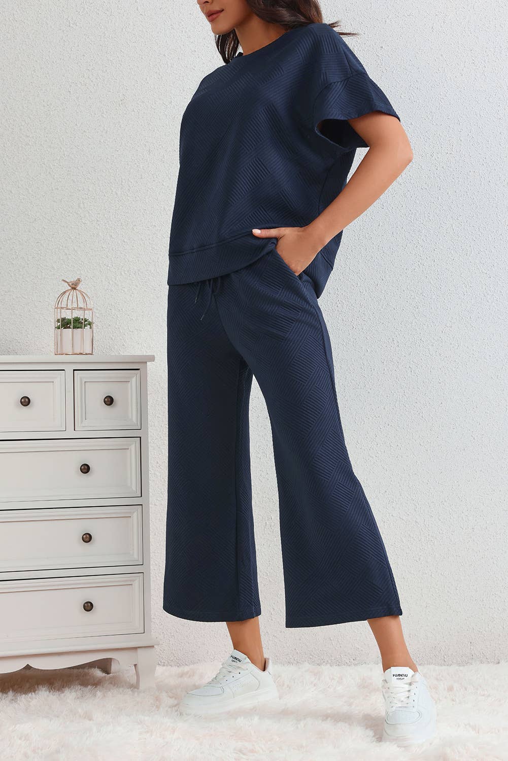 Textured Loose Fit T Shirt and Drawstring Pants Set