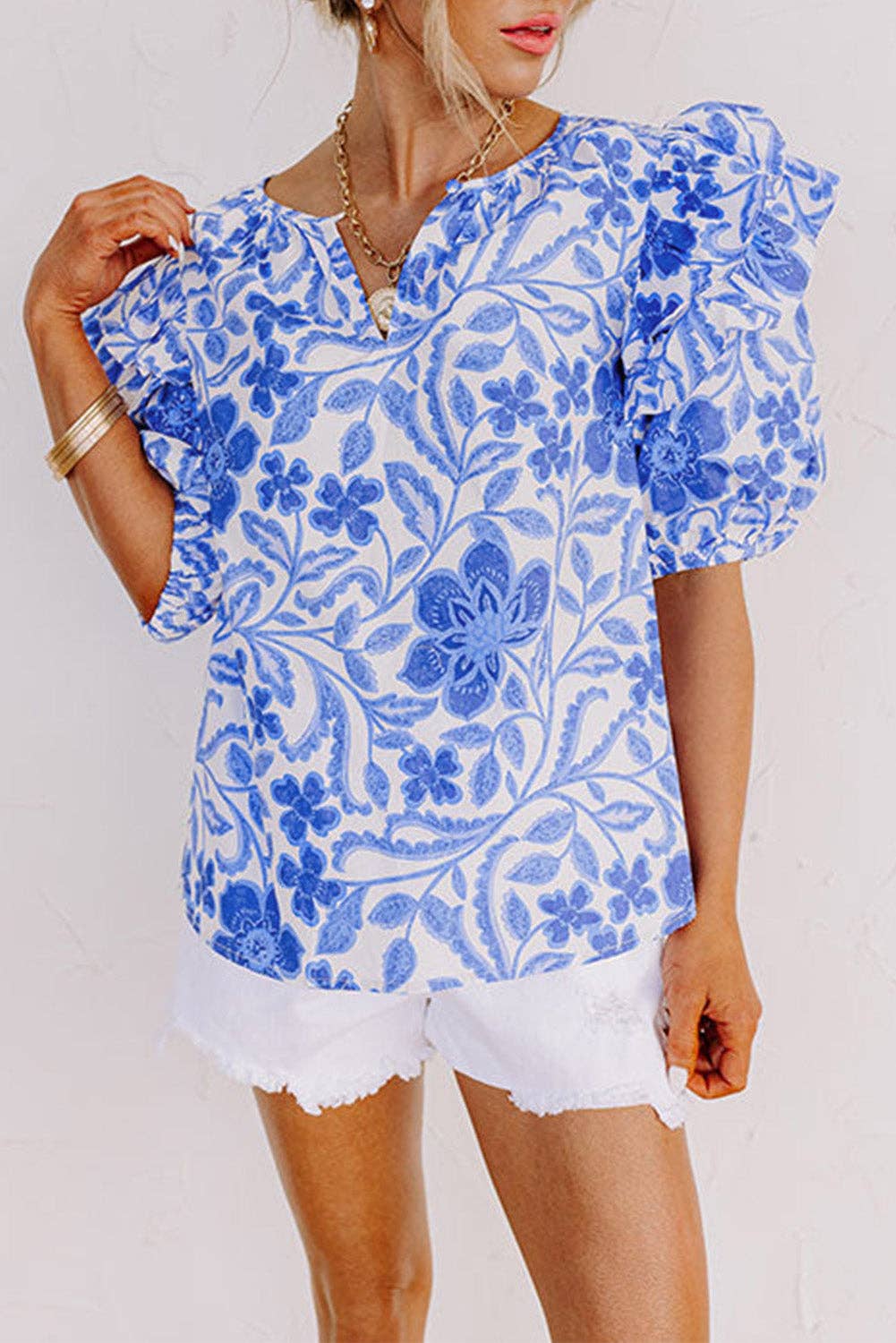 Floral Ruffle Bubble Sleeve Blouse