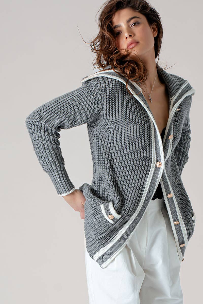 Sailor Collar Striped Trim Button Cardigan Top