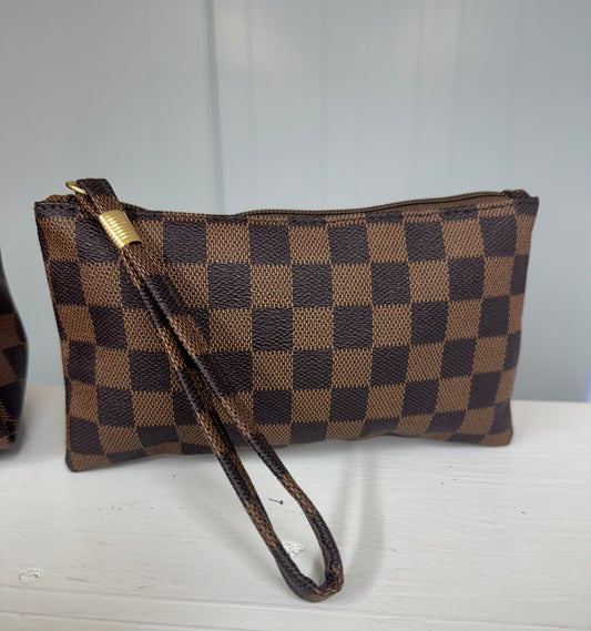 Brown & Tan Check Print wristlet