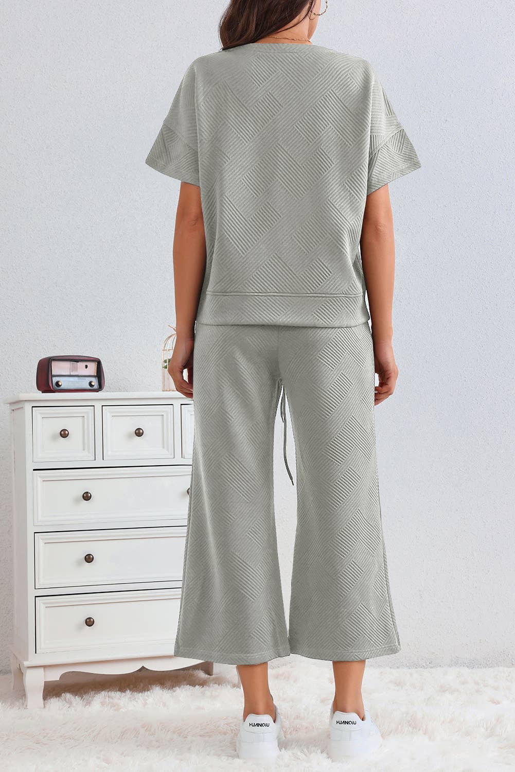 Textured Loose Fit T Shirt and Drawstring Pants Set