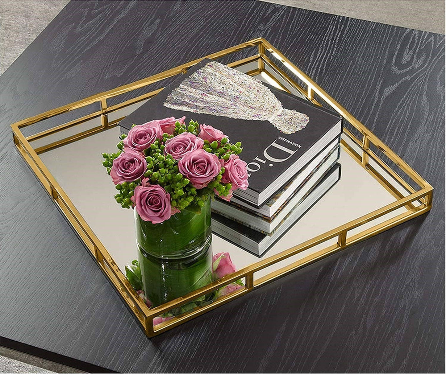 16" Square Mirror Tray- Gold
