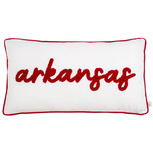 Arkansas Embroidered Lumbar Pillow   Soft White/Red   12.5x22.5