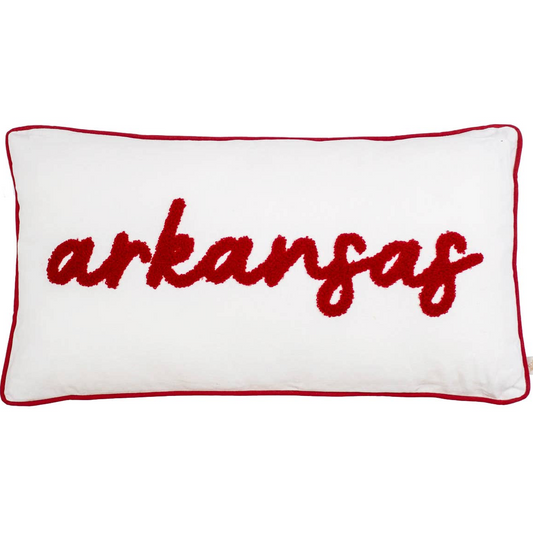Arkansas Embroidered Lumbar Pillow   Soft White/Red   12.5x22.5