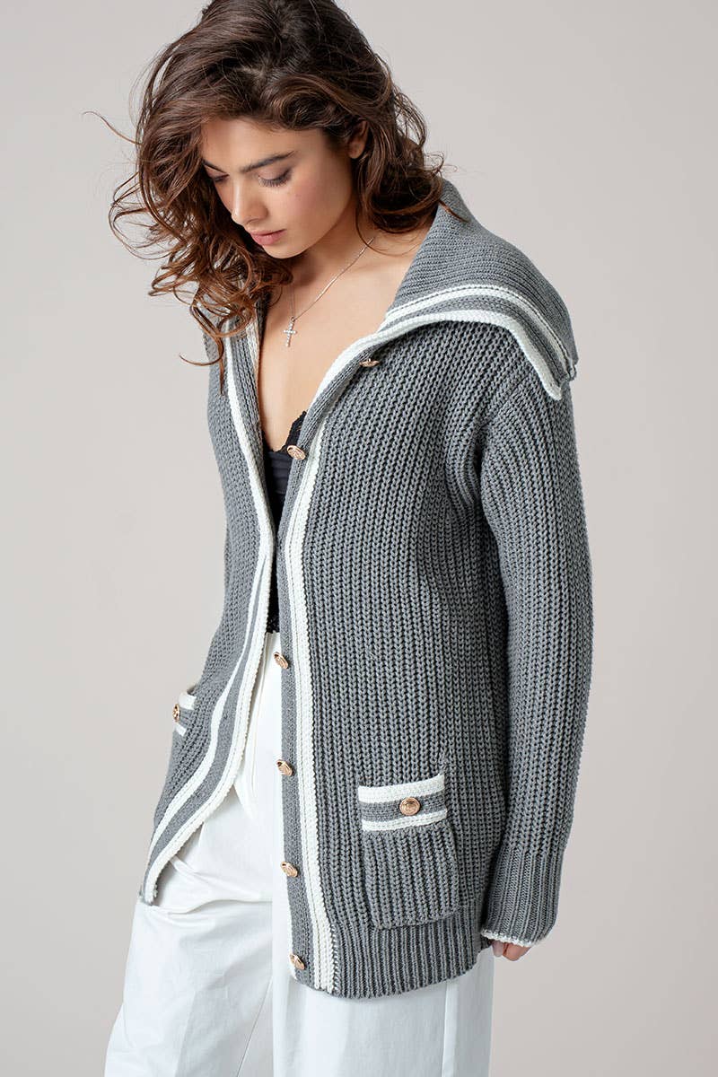 Sailor Collar Striped Trim Button Cardigan Top