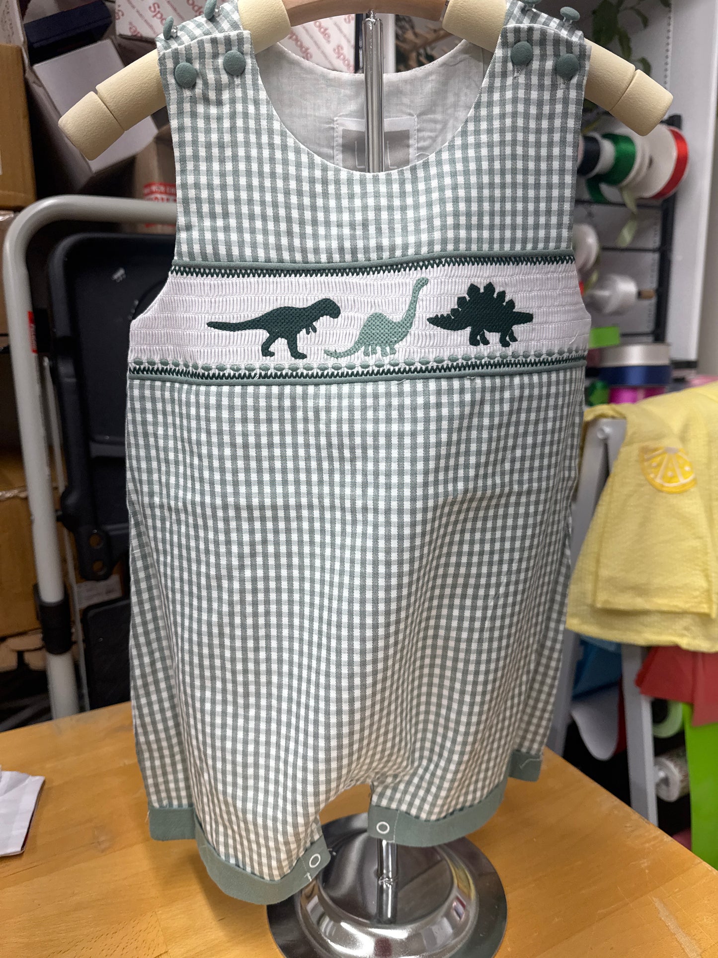 Green Gingham with Smocked Dinosaurs