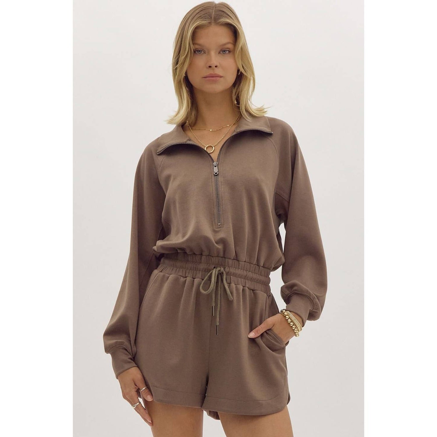 Solid long sleeve half zip collared romper