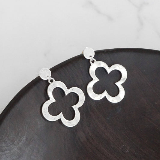 Clover Hammered Distressed Drop Earrings - Silver Tones